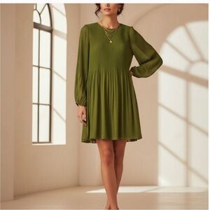 Wilfred Aritzia Daydreamer Mini Dress Green Pleated Long Sleeve Babydoll Boho